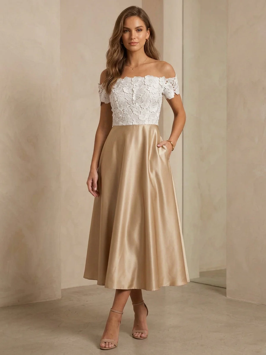 A-Line/Princess Off-the-Shoulder Satin Cocktail Dresses Lace Tea-Length Sleeveless Formal Dresses - Image 4