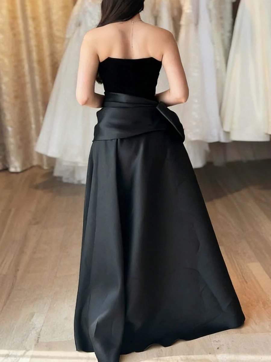 A-Line/Princess Off-the-Shoulder Satin Evening Dresses Velvet Floor-Length Sleeveless Bowknot Party Dresses - Image 2