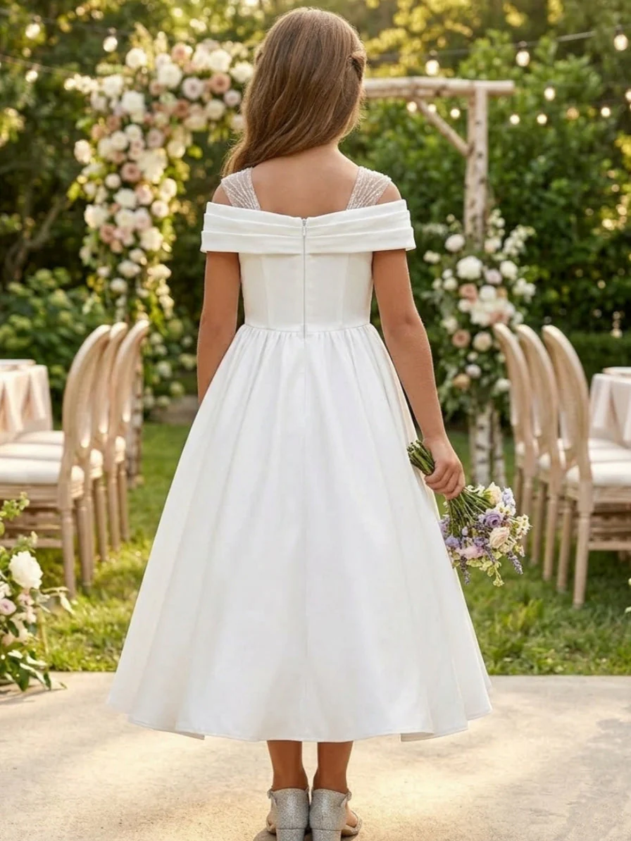 A-Line/Princess Off-the-Shoulder Satin Flower Girl Dresses Sleeveless Tea-Length Ruched - Image 2