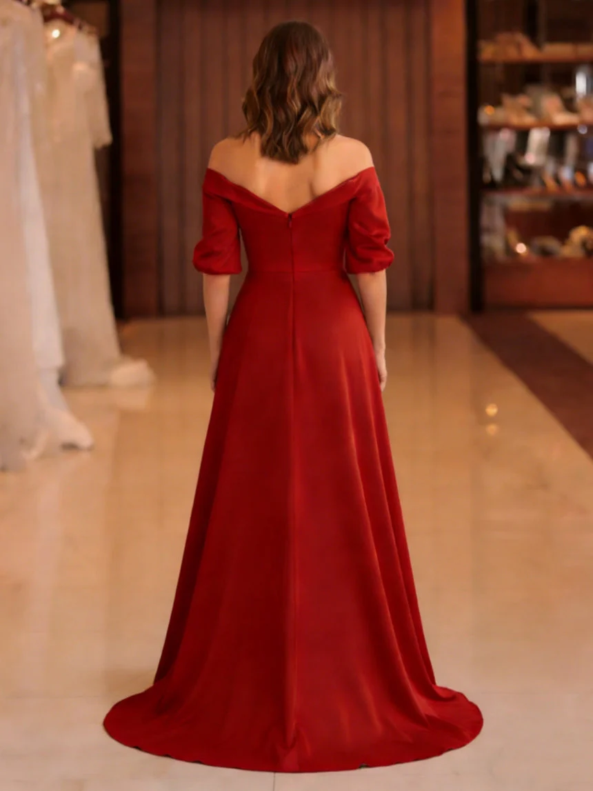 A-Line/Princess Off-the-Shoulder Satin Mother of the Bride Dresses Half Sleeves Floor-Length Appliques - Image 4