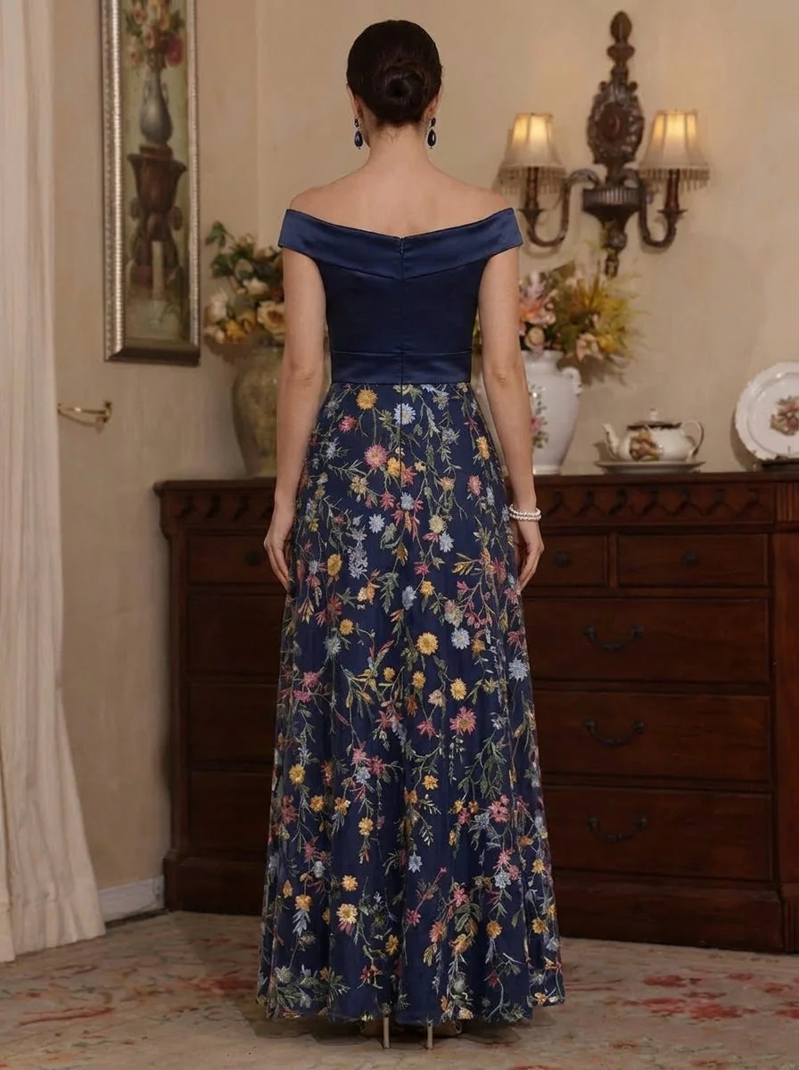 A-Line/Princess Off-the-Shoulder Satin Mother of the Bride Dresses Lace Embroidery Ankle-Length Sleeveless Floral - Image 2