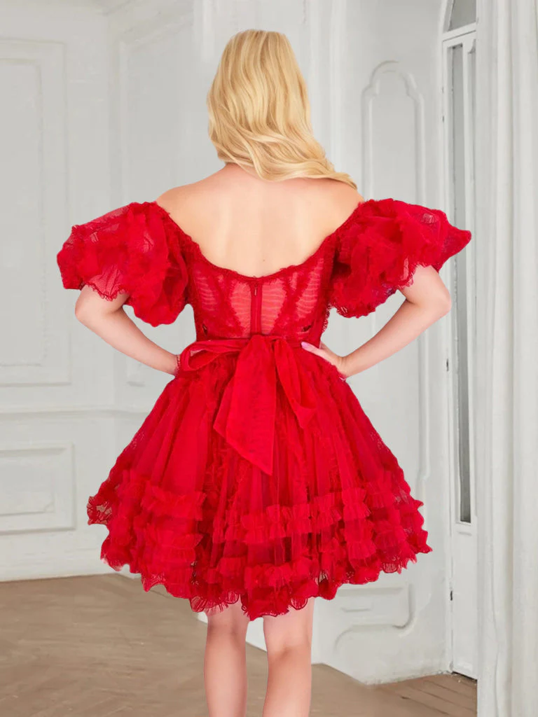 A-Line/Princess Off-the-Shoulder Short Puffy Sleeves Short/Mini Party Dance Cocktail Homecoming Dress With Ruffles, Pleats & Sash - Image 2