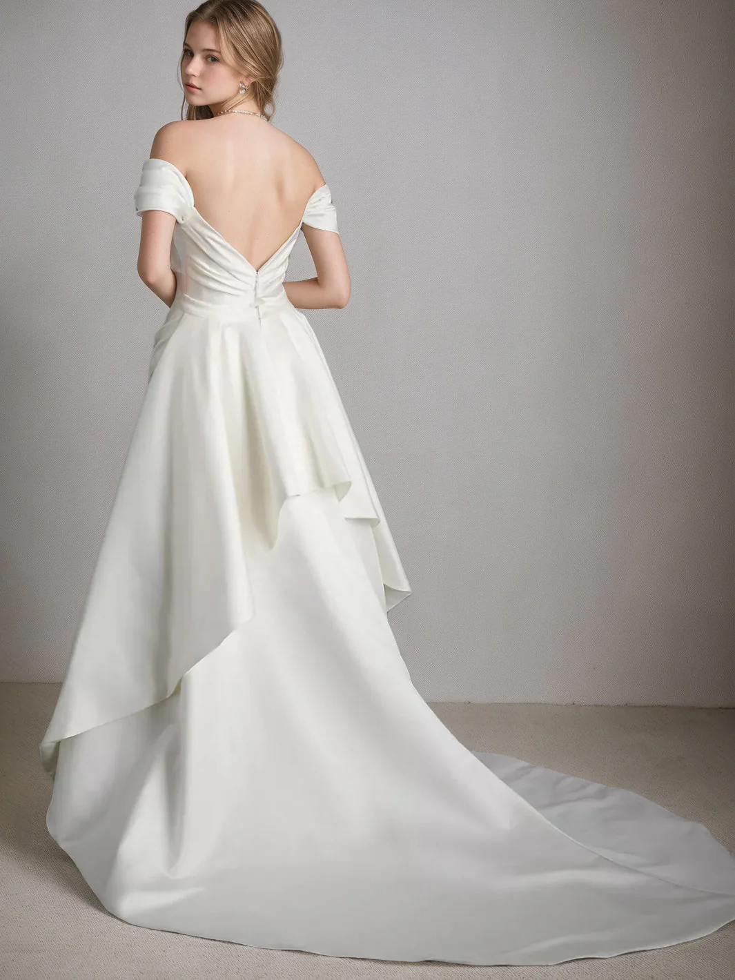 A Line/Princess Off-the-shoulder Short Sleeve Asymmetrical Elegant Wedding Dresses - Image 2