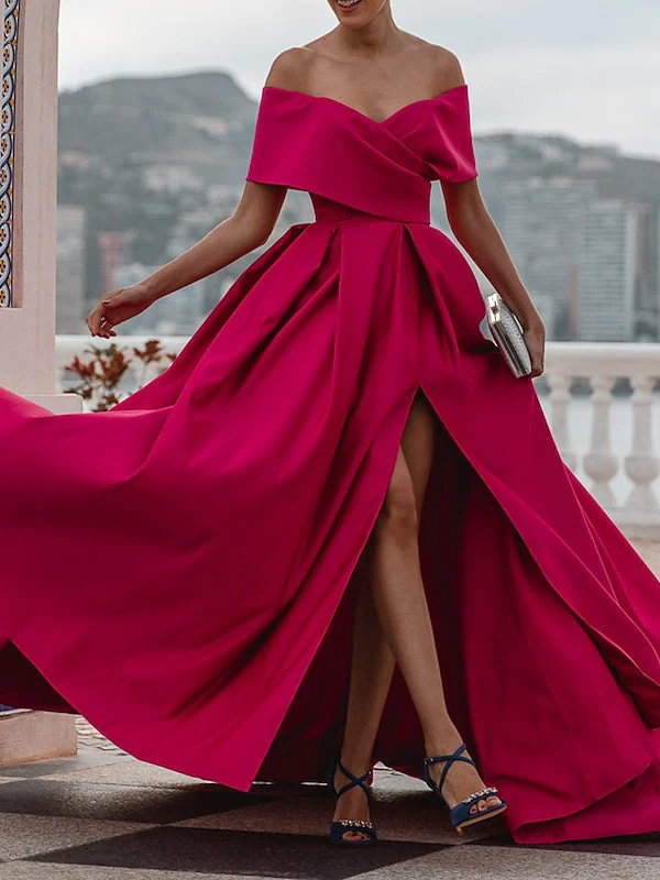 A-Line/Princess Off-the-shoulder Short Sleeves Floor Length Evening Dress - Image 10
