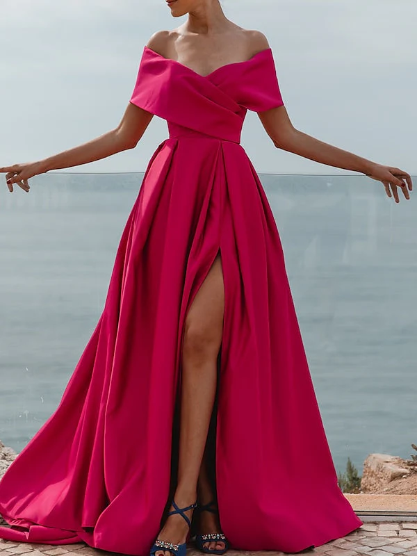 A-Line/Princess Off-the-shoulder Short Sleeves Floor Length Evening Dress - Image 4