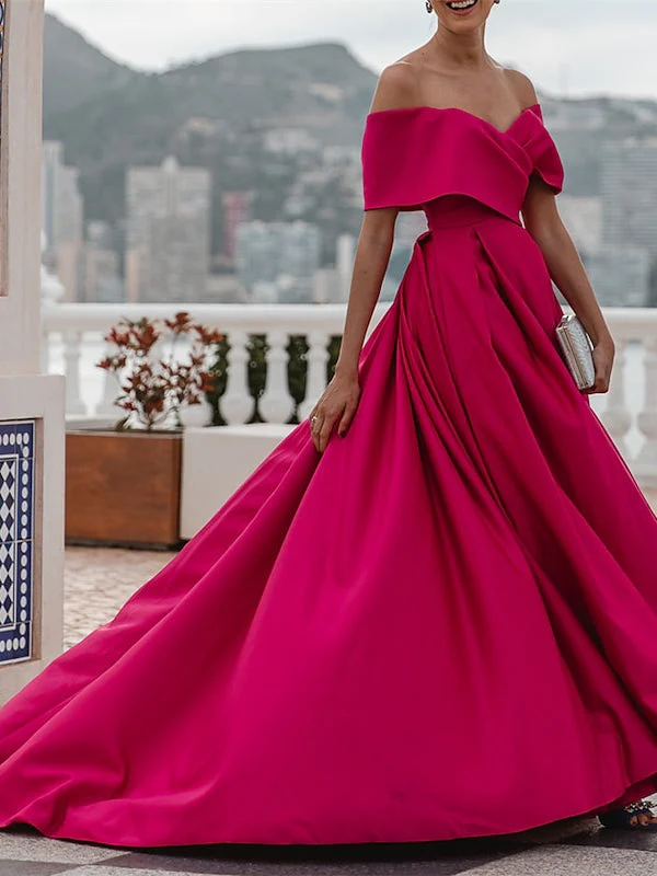 A-Line/Princess Off-the-shoulder Short Sleeves Floor Length Evening Dress - Image 5