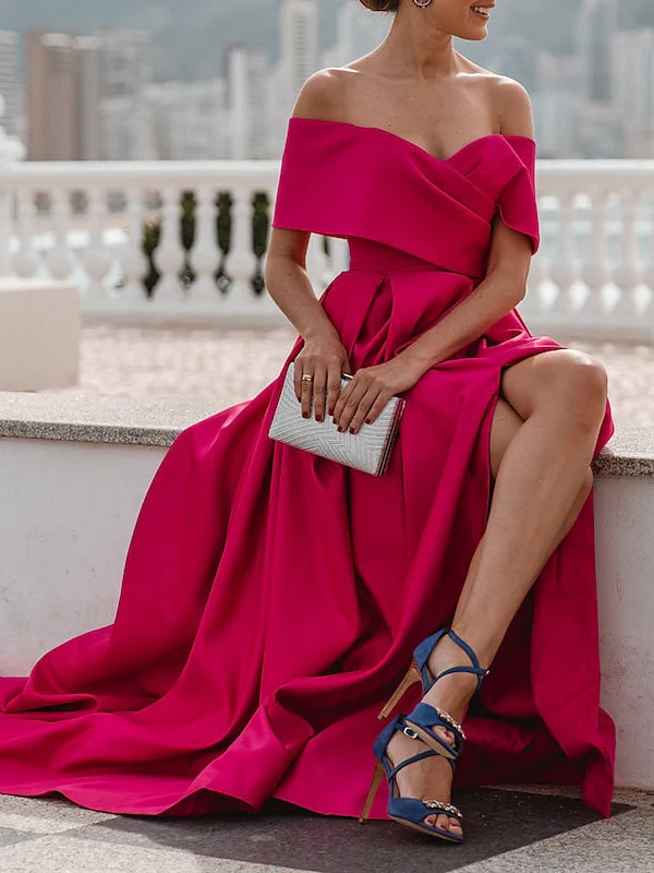 A-Line/Princess Off-the-shoulder Short Sleeves Floor Length Evening Dress - Image 7