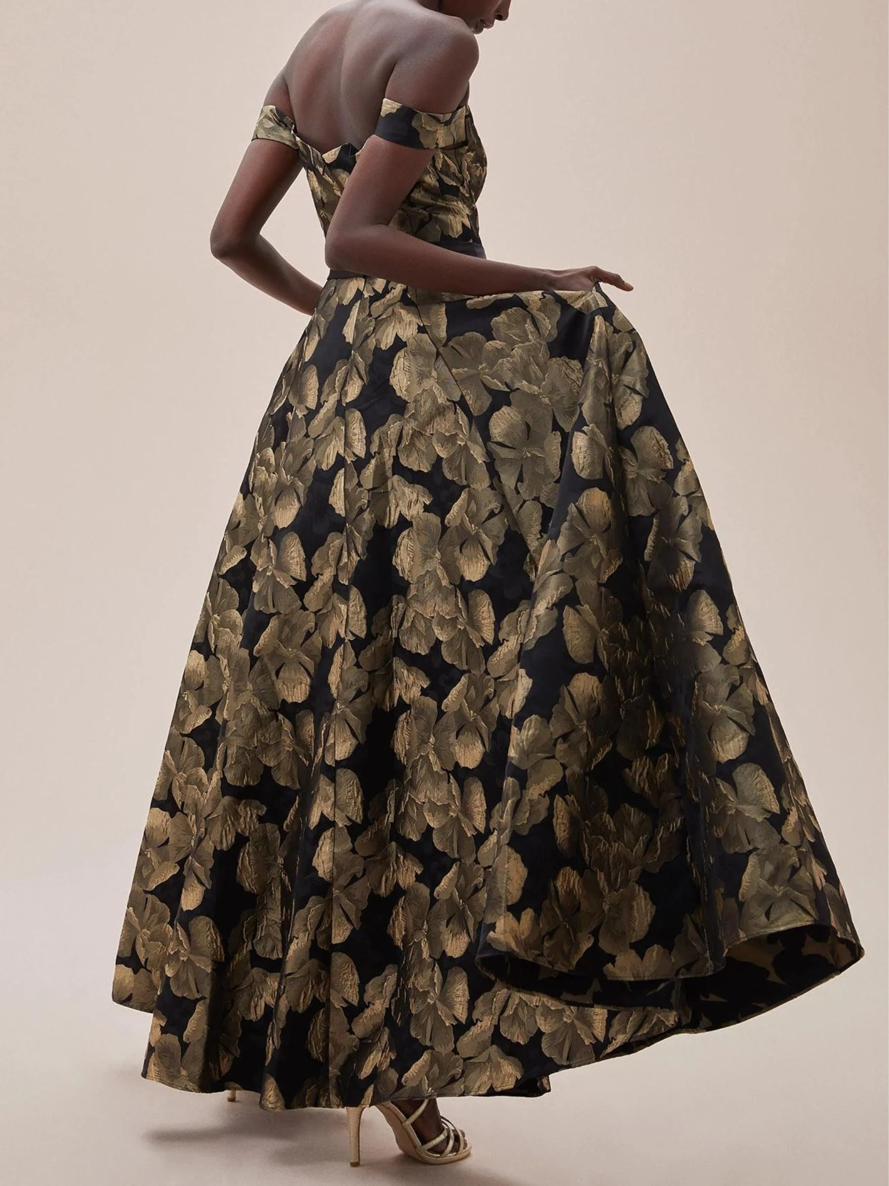 A-Line/Princess Off-the-shoulder Short Sleeves Floor Length Evening Dresses with Printed Flower - Image 4