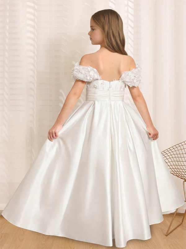 A-Line/Princess Off-the-Shoulder Short Sleeves Floor-Length Flower Girl Dress with Ruffles - Image 2