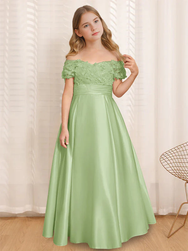A-Line/Princess Off-the-Shoulder Short Sleeves Floor-Length Flower Girl Dress with Ruffles - Image 7