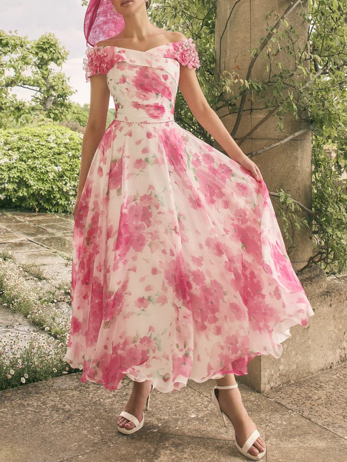 A Line/Princess Off-the-Shoulder Short Sleeves Tea-Length Printed Flower Mother of the Bride Dress - Image 4