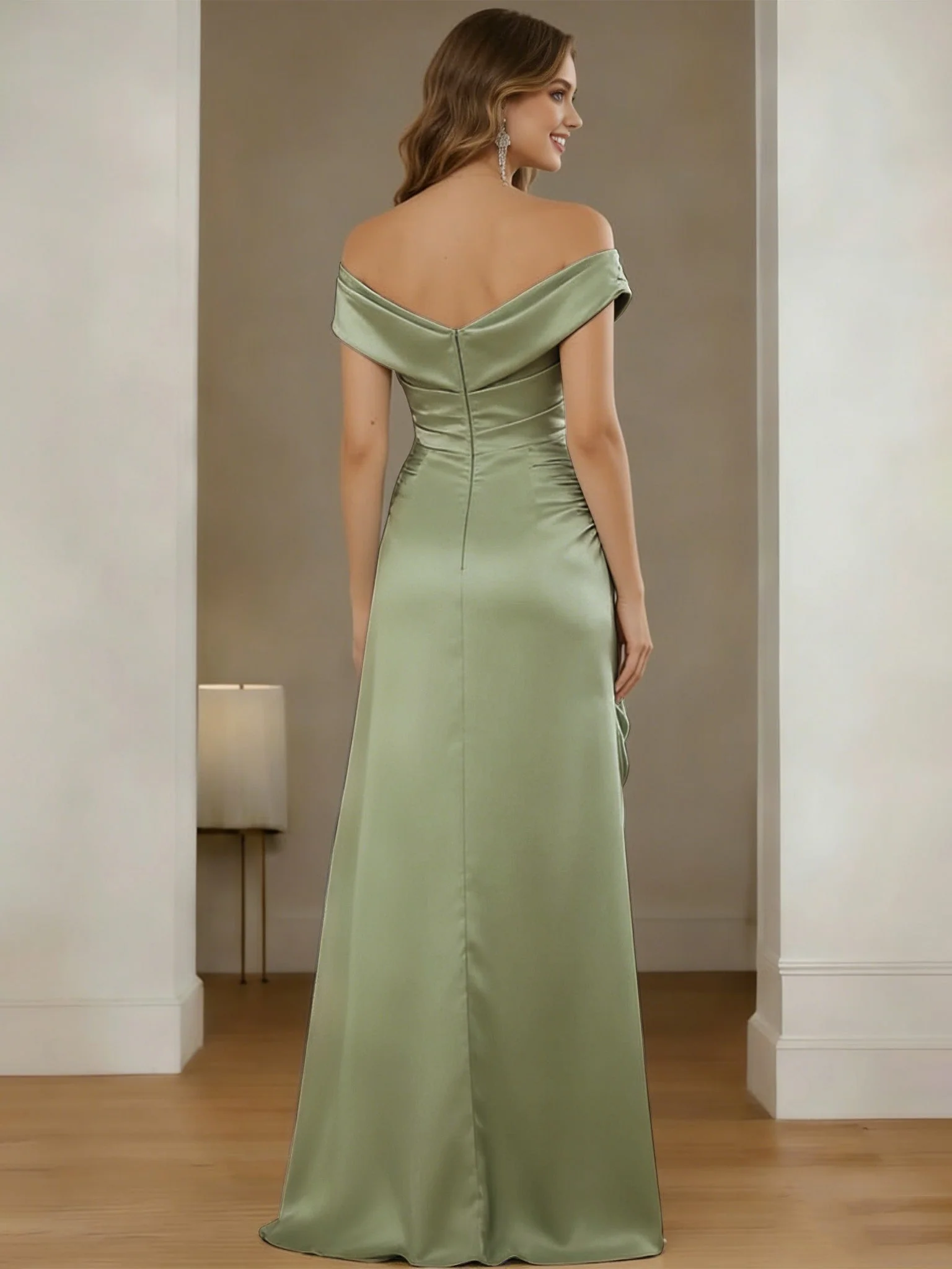 A-Line/Princess Off-the-Shoulder Silk Satin Bridesmaid Dresses with Split Side Sleeveless Floor-Length Ruched - Image 2