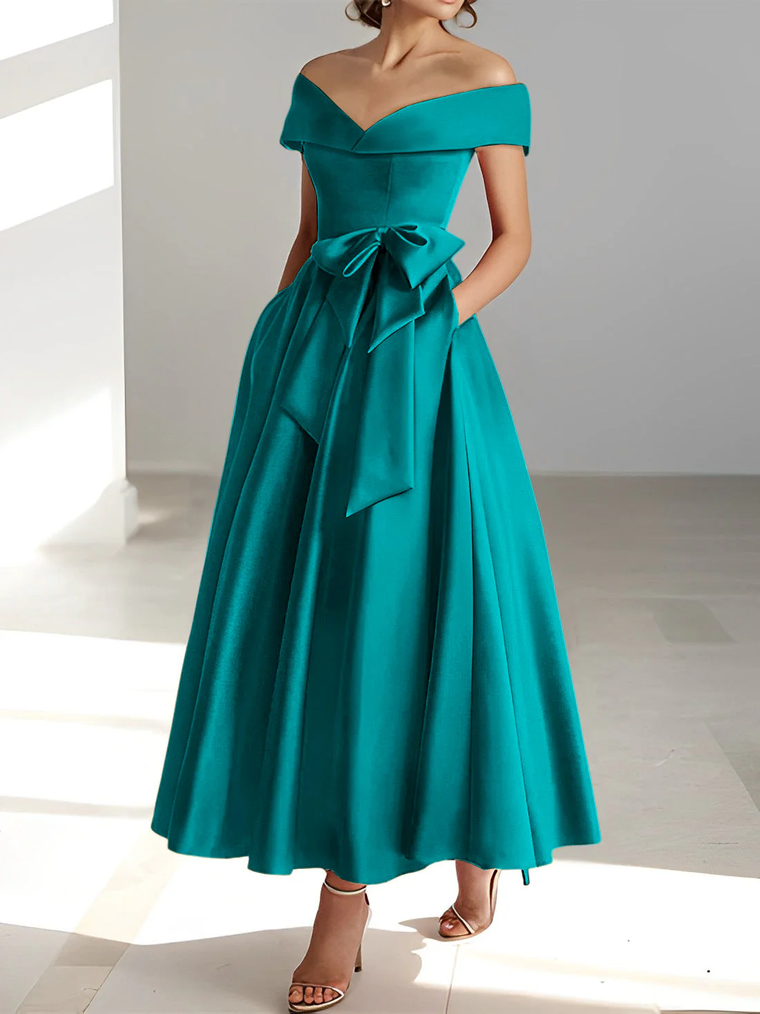 A-Line/Princess Off-the-Shoulder Sleeveless Ankle-Length Mother of the Bride Dresses with Pockets - Image 30