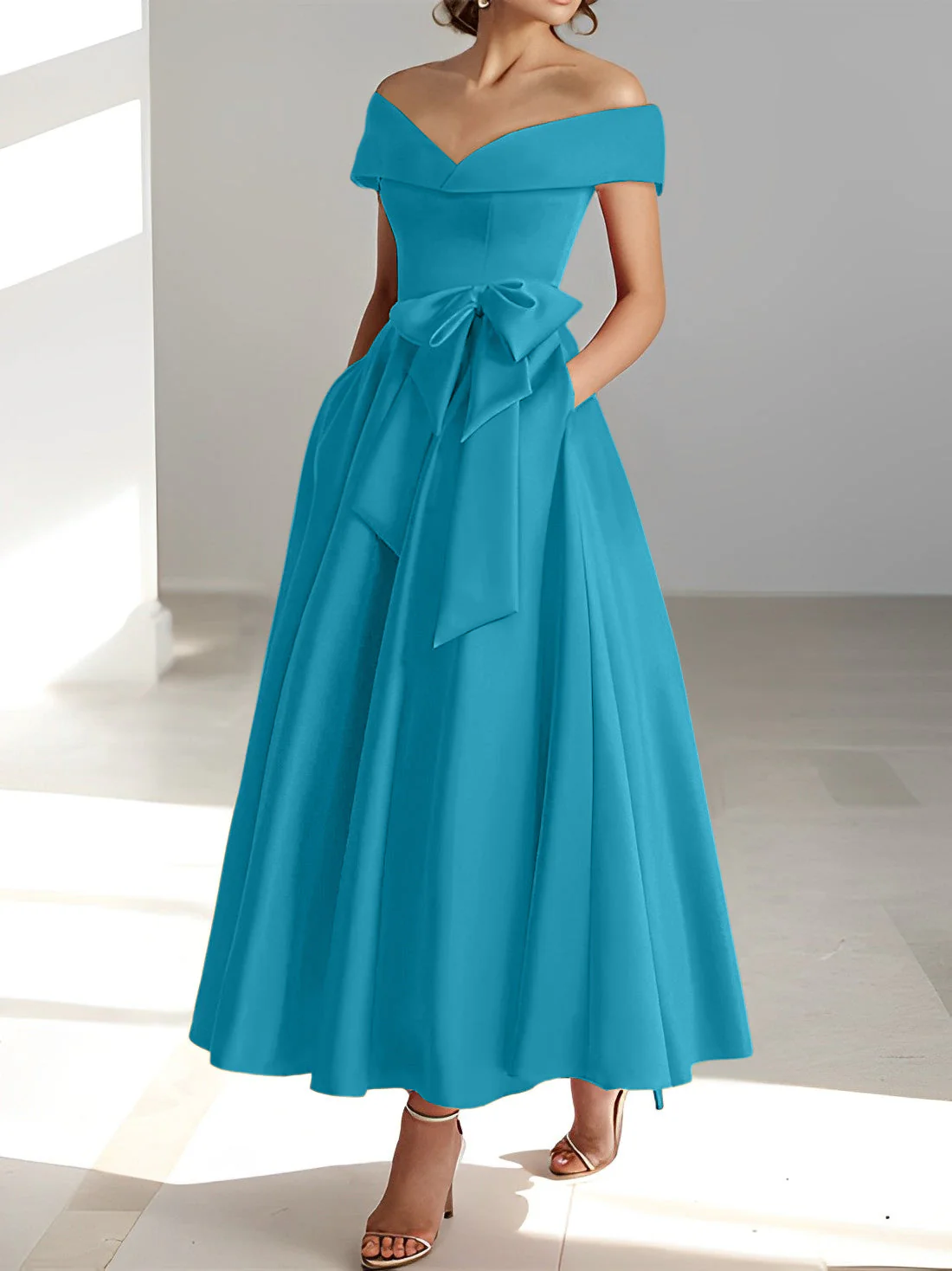 A-Line/Princess Off-the-Shoulder Sleeveless Ankle-Length Mother of the Bride Dresses with Pockets - Image 39