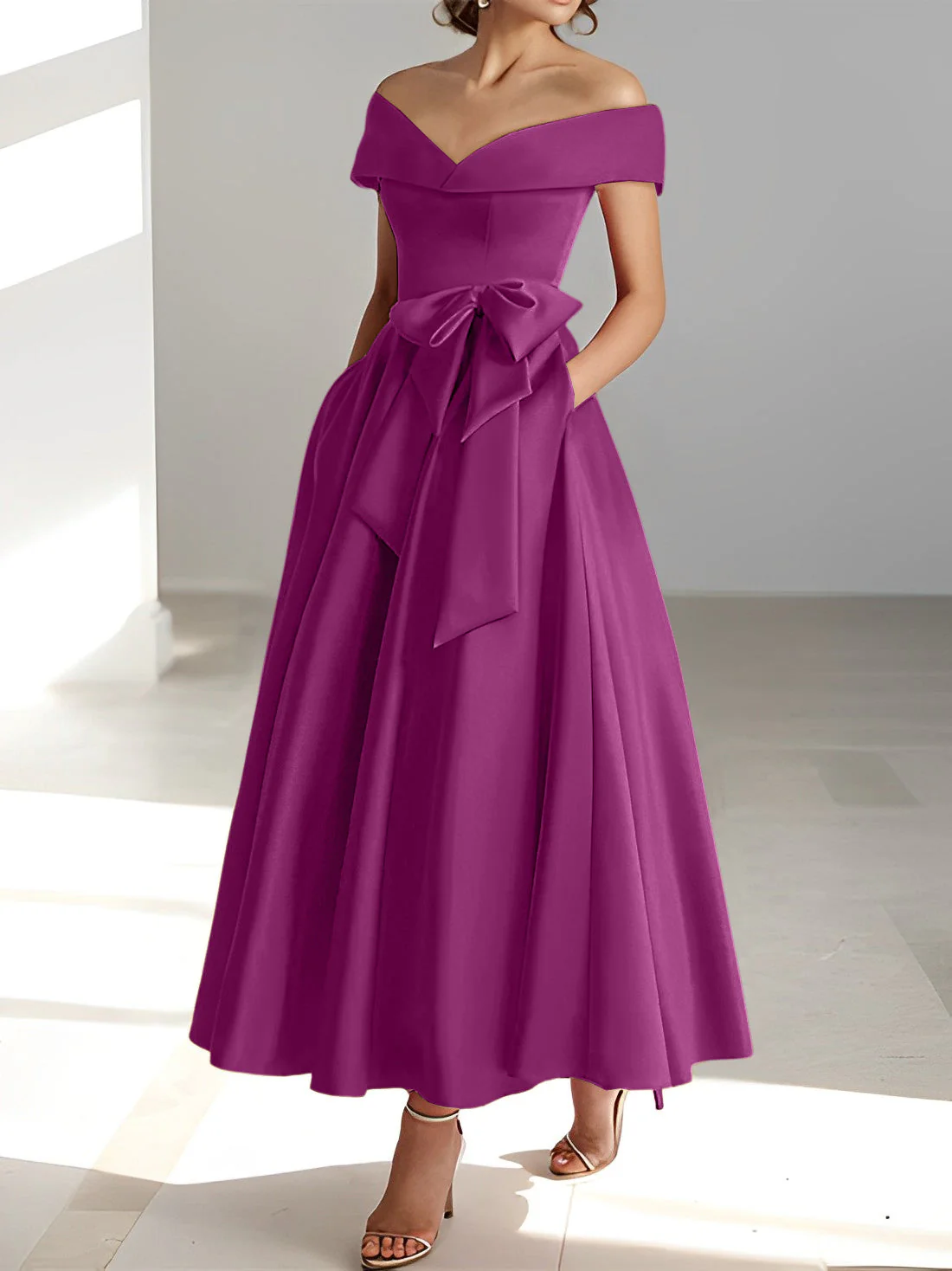 A-Line/Princess Off-the-Shoulder Sleeveless Ankle-Length Mother of the Bride Dresses with Pockets - Image 41