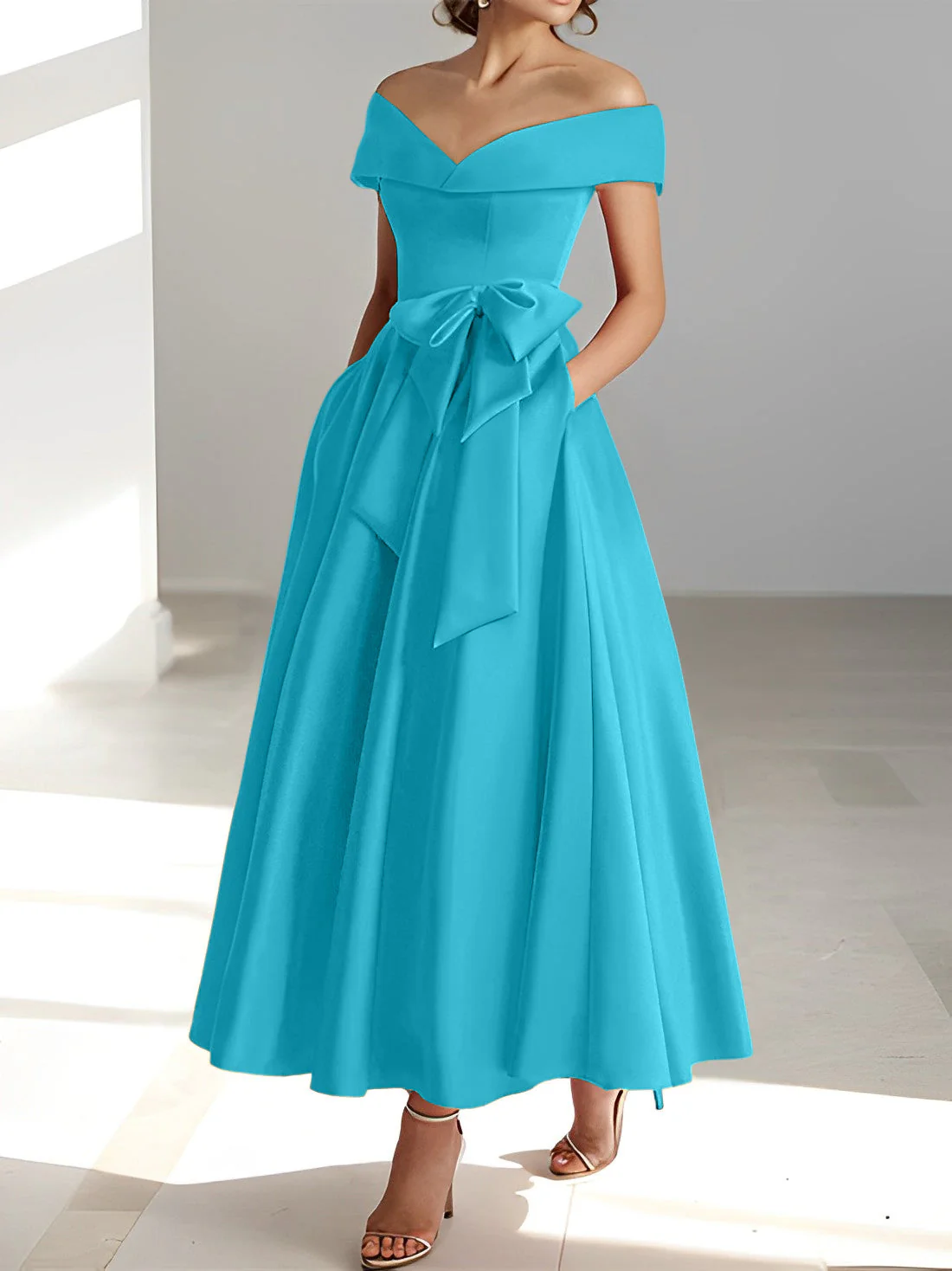 A-Line/Princess Off-the-Shoulder Sleeveless Ankle-Length Mother of the Bride Dresses with Pockets - Image 46