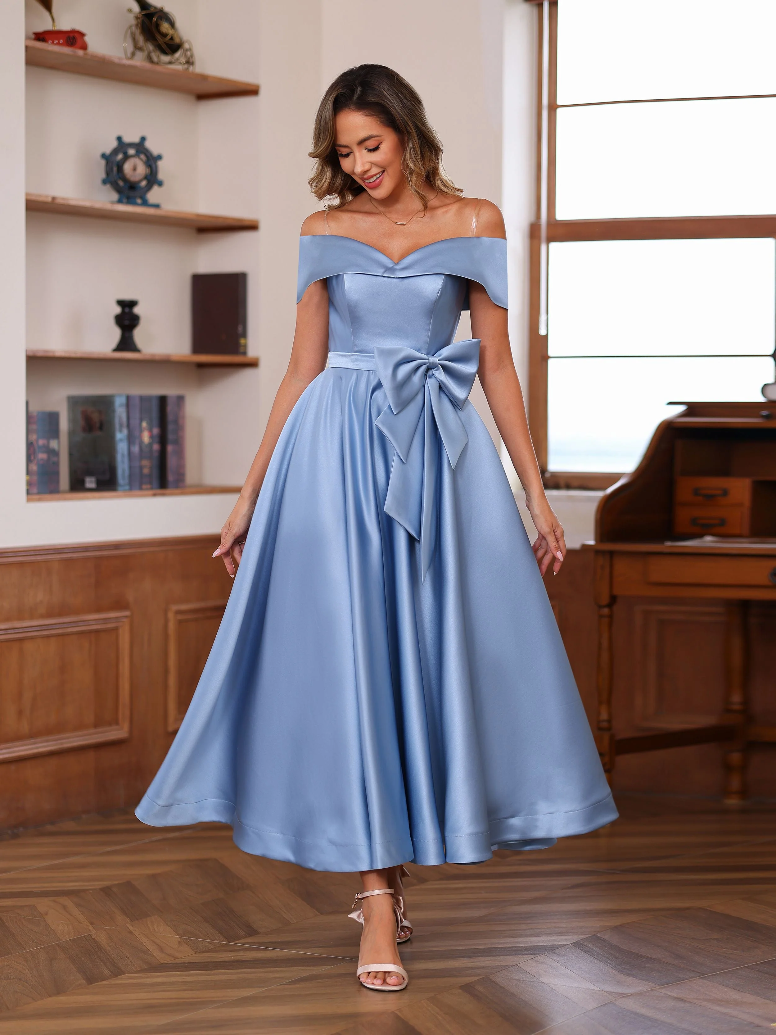 A-Line/Princess Off-the-Shoulder Sleeveless Ankle-Length Mother of the Bride Dresses with Pockets - Image 3