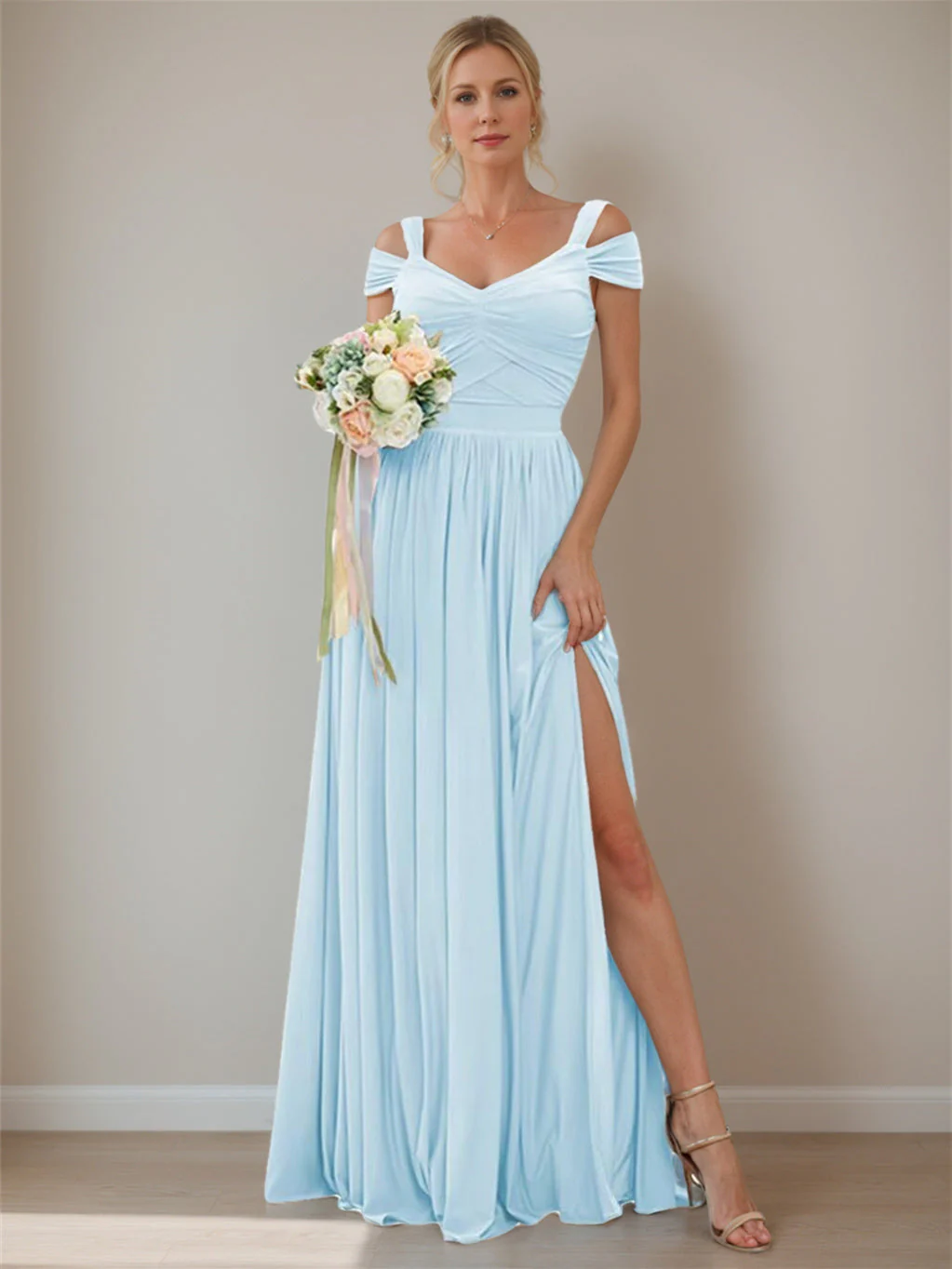 A-Line/Princess Off-the-shoulder Sleeveless Floor Length Bridesmaid Dresses Chiffon with Ruffles