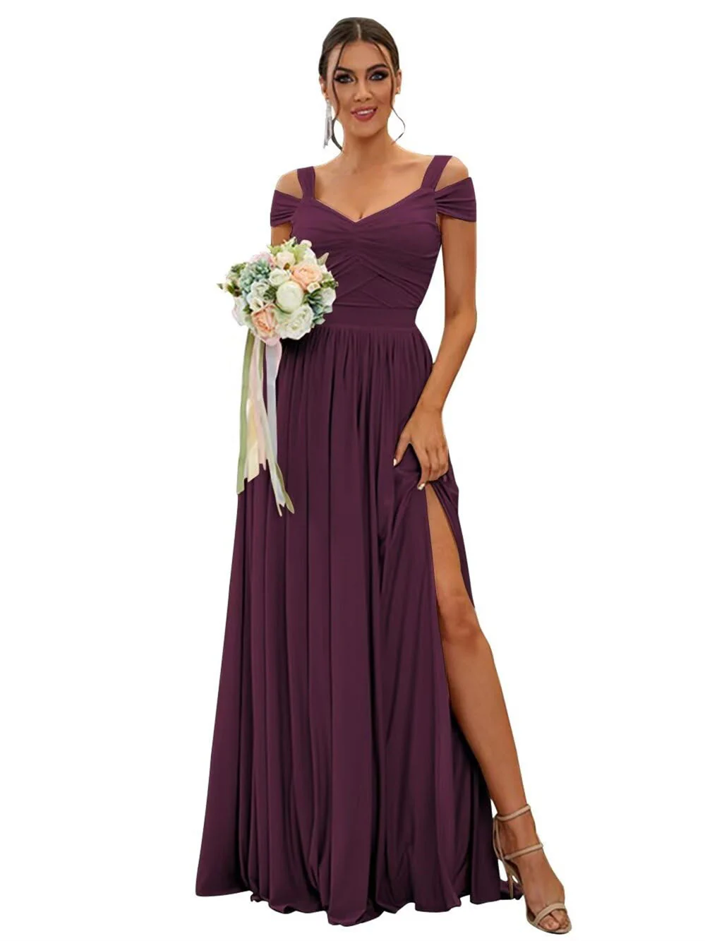 A-Line/Princess Off-the-shoulder Sleeveless Floor Length Bridesmaid Dresses Chiffon with Ruffles - Image 12