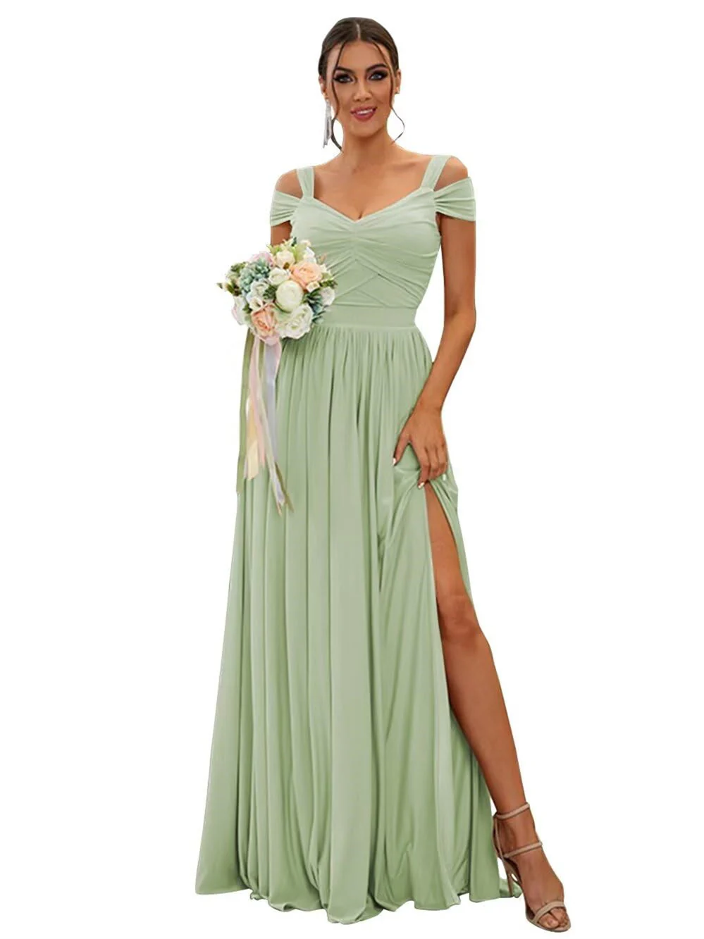 A-Line/Princess Off-the-shoulder Sleeveless Floor Length Bridesmaid Dresses Chiffon with Ruffles - Image 2