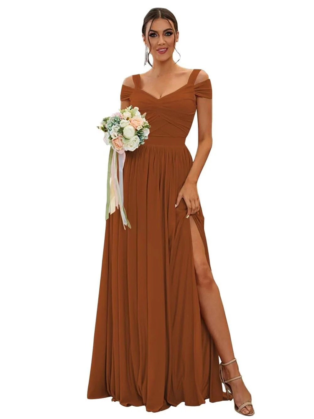 A-Line/Princess Off-the-shoulder Sleeveless Floor Length Bridesmaid Dresses Chiffon with Ruffles - Image 3