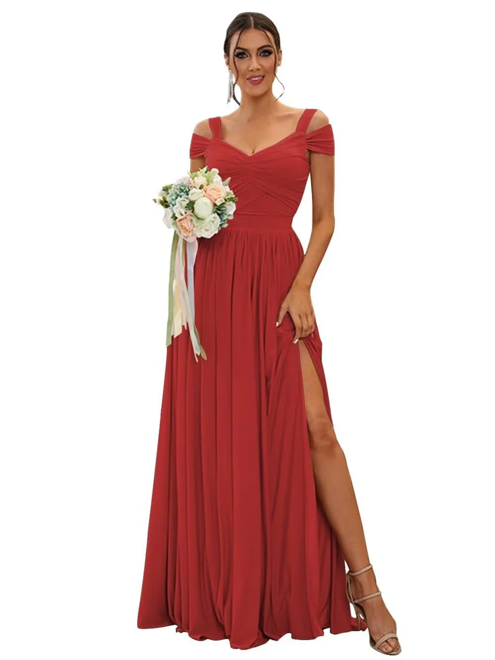 A-Line/Princess Off-the-shoulder Sleeveless Floor Length Bridesmaid Dresses Chiffon with Ruffles - Image 33