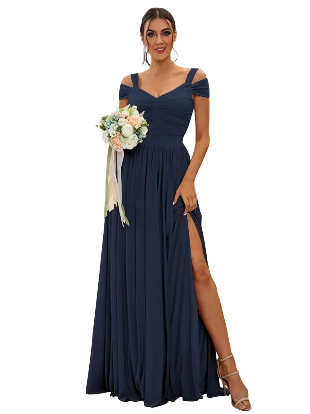 A-Line/Princess Off-the-shoulder Sleeveless Floor Length Bridesmaid Dresses Chiffon with Ruffles - Image 6