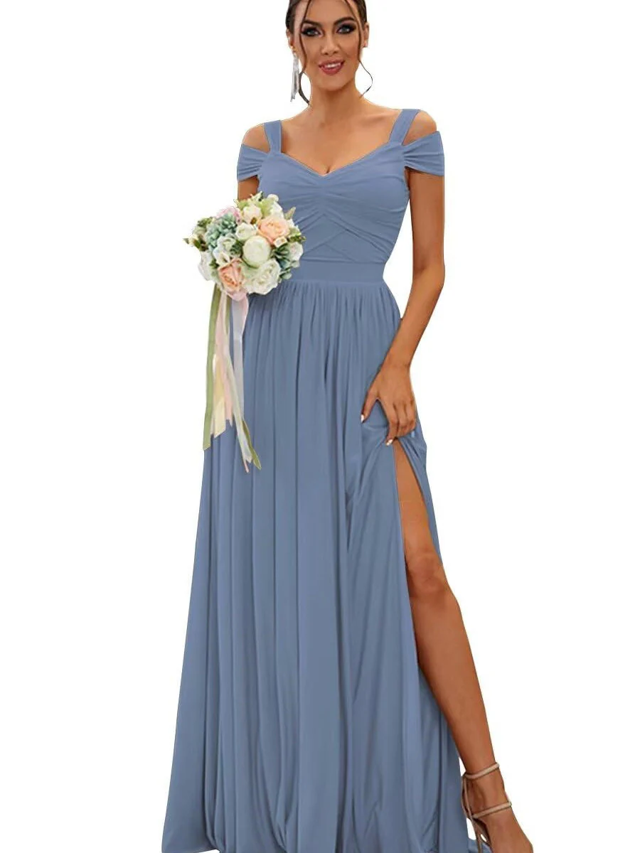 A-Line/Princess Off-the-shoulder Sleeveless Floor Length Bridesmaid Dresses Chiffon with Ruffles - Image 8