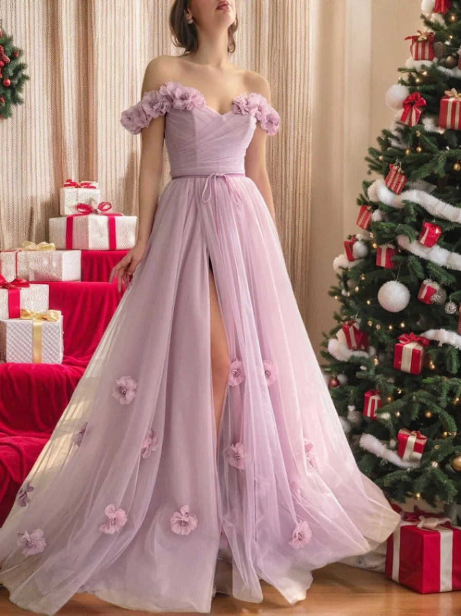 A-Line/Princess Off-the-Shoulder Sleeveless Floor-Length Flower Evening Dresses - Image 3