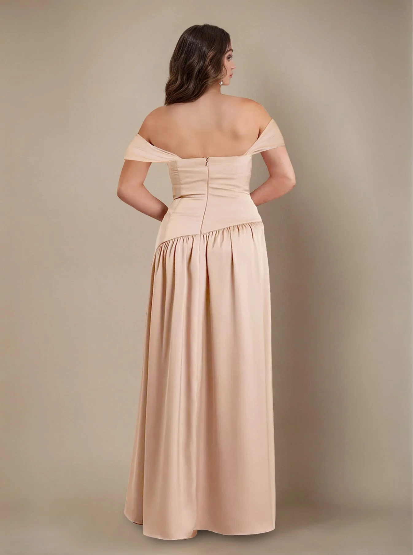 A-Line/Princess Off-the-Shoulder Sleeveless Floor-Length Silk Satin Plus Size Bridesmaid Dresses with Pleated & Split Side - Image 2