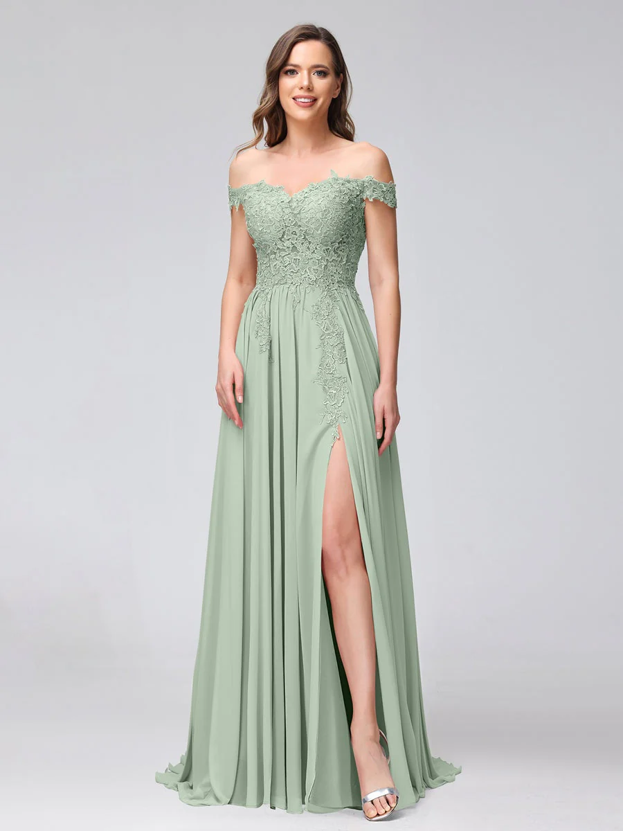 A-Line/Princess Off-the-Shoulder Sleeveless Long Bridesmaid Dresses with Side Slit & Appliqued - Image 10
