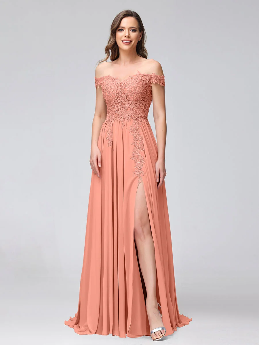A-Line/Princess Off-the-Shoulder Sleeveless Long Bridesmaid Dresses with Side Slit & Appliqued - Image 15