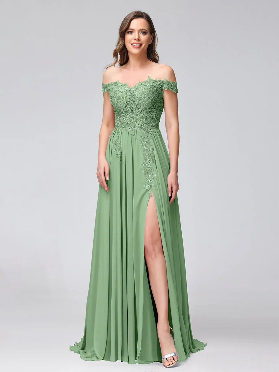 A-Line/Princess Off-the-Shoulder Sleeveless Long Bridesmaid Dresses with Side Slit & Appliqued - Image 16