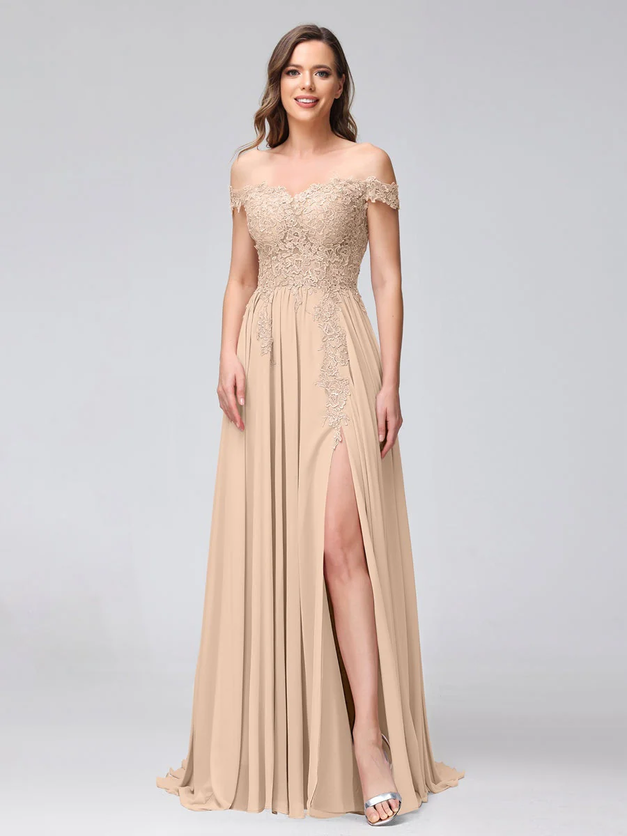 A-Line/Princess Off-the-Shoulder Sleeveless Long Bridesmaid Dresses with Side Slit & Appliqued - Image 28