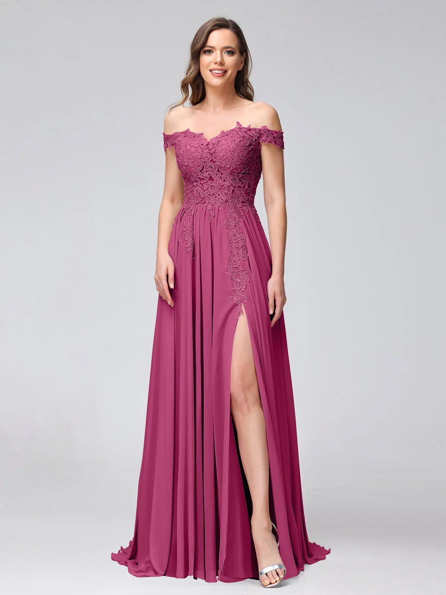 A-Line/Princess Off-the-Shoulder Sleeveless Long Bridesmaid Dresses with Side Slit & Appliqued - Image 34