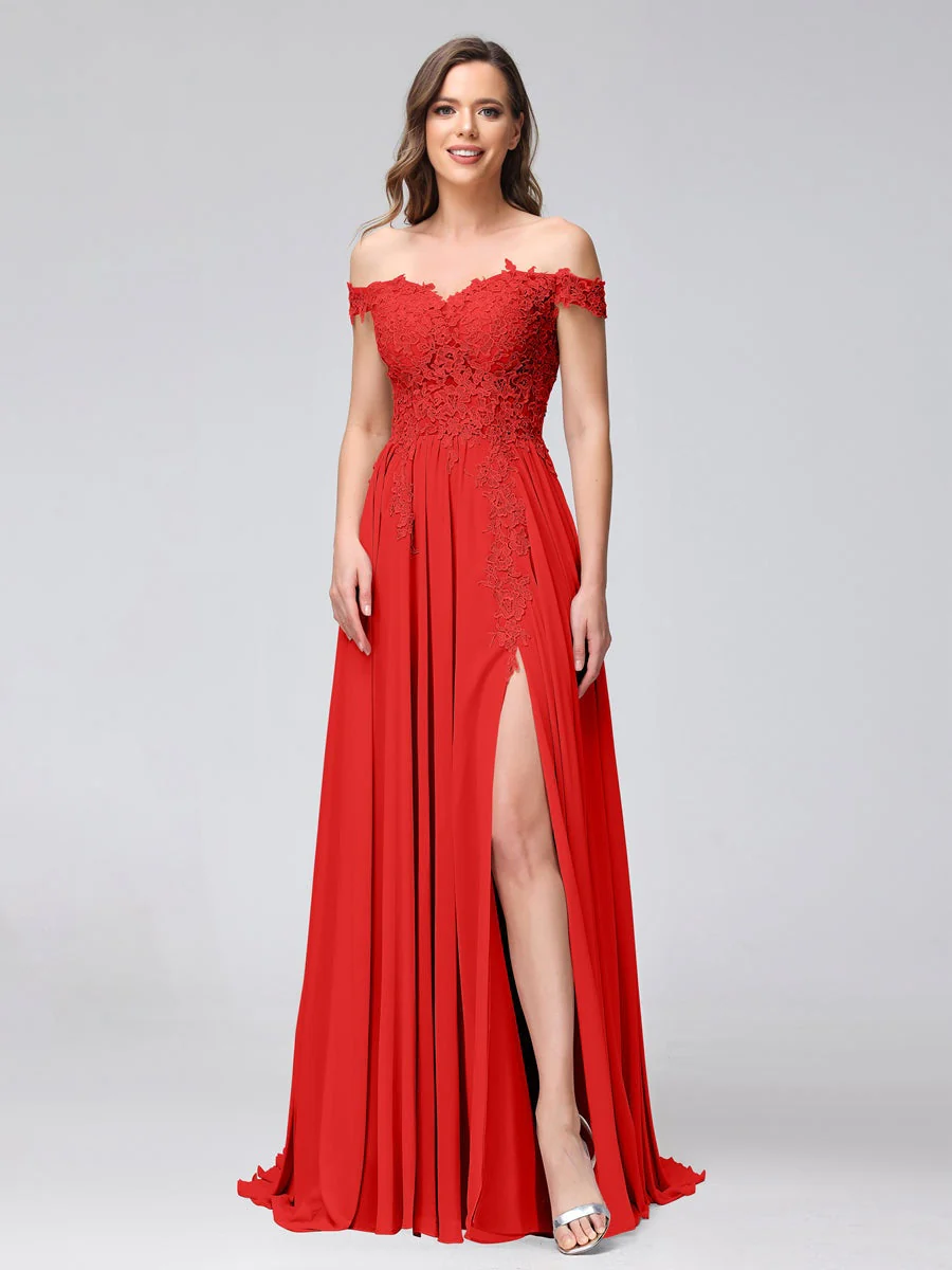 A-Line/Princess Off-the-Shoulder Sleeveless Long Bridesmaid Dresses with Side Slit & Appliqued - Image 35