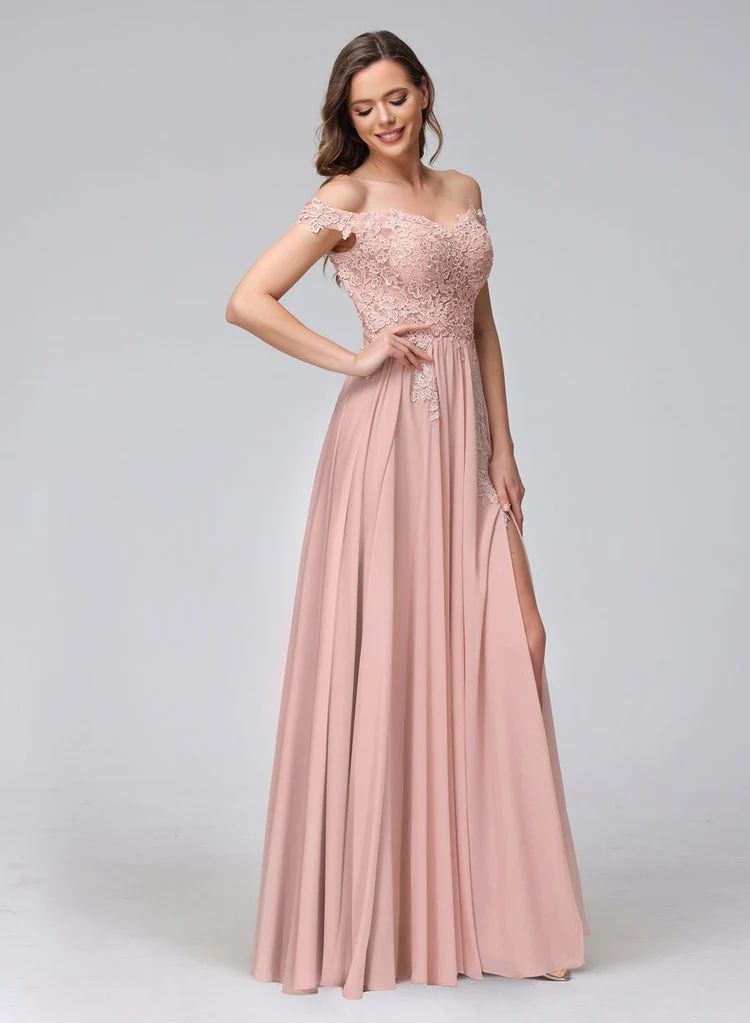 A-Line/Princess Off-the-Shoulder Sleeveless Long Bridesmaid Dresses with Side Slit & Appliqued - Image 4
