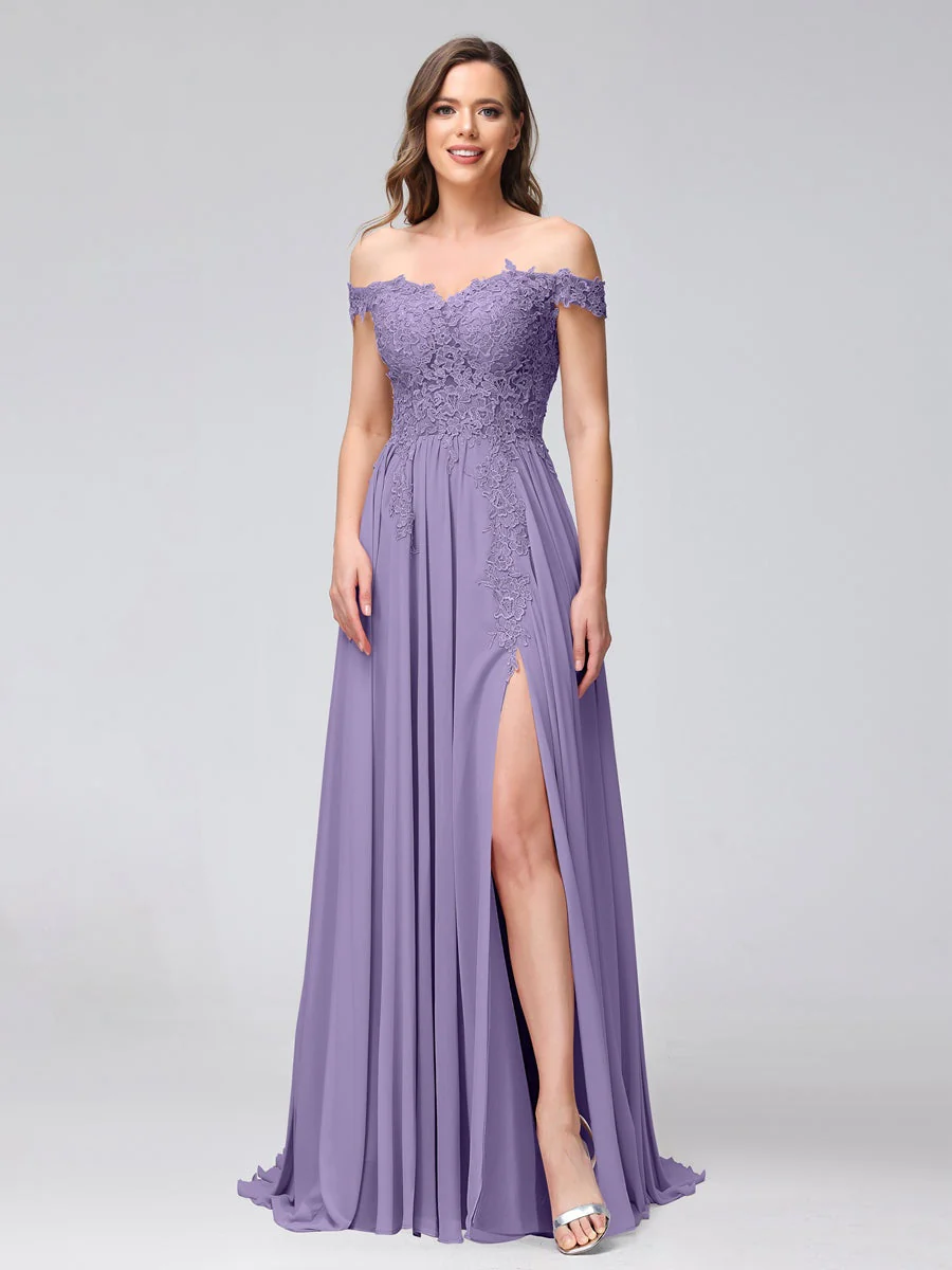 A-Line/Princess Off-the-Shoulder Sleeveless Long Bridesmaid Dresses with Side Slit & Appliqued - Image 40