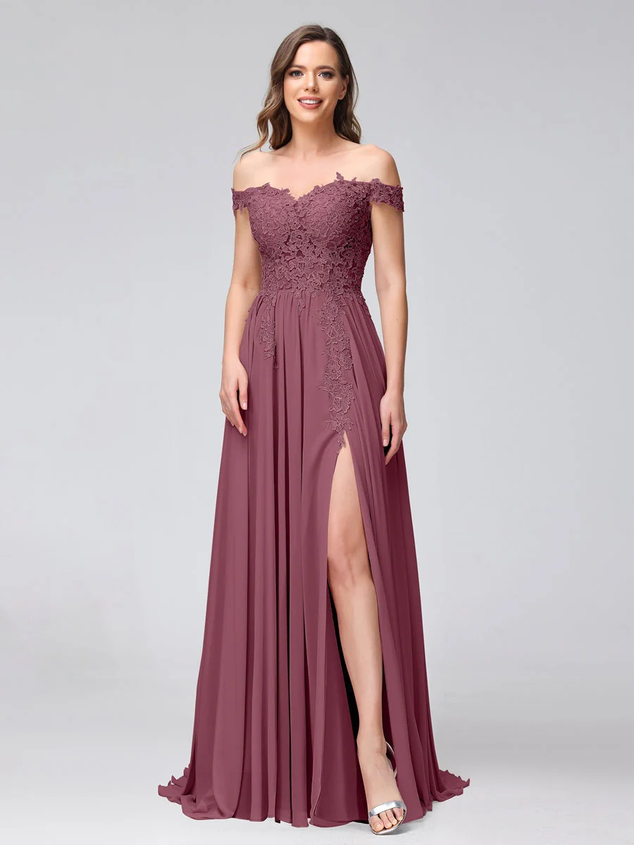 A-Line/Princess Off-the-Shoulder Sleeveless Long Bridesmaid Dresses with Side Slit & Appliqued - Image 42