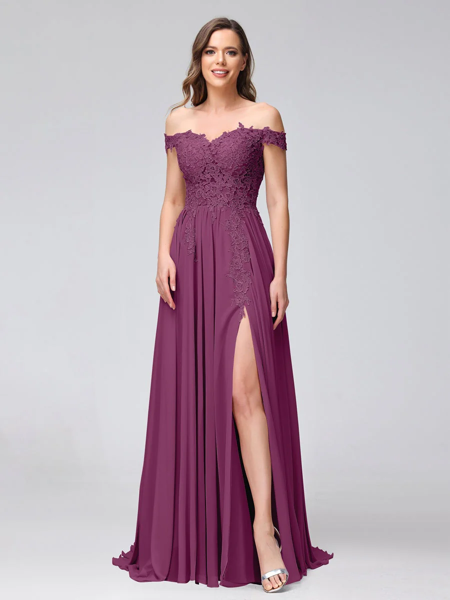 A-Line/Princess Off-the-Shoulder Sleeveless Long Bridesmaid Dresses with Side Slit & Appliqued - Image 43