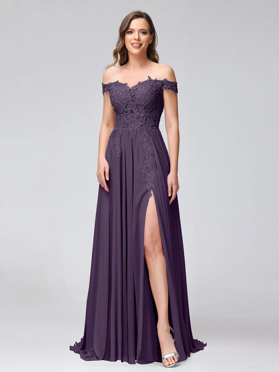 A-Line/Princess Off-the-Shoulder Sleeveless Long Bridesmaid Dresses with Side Slit & Appliqued - Image 44