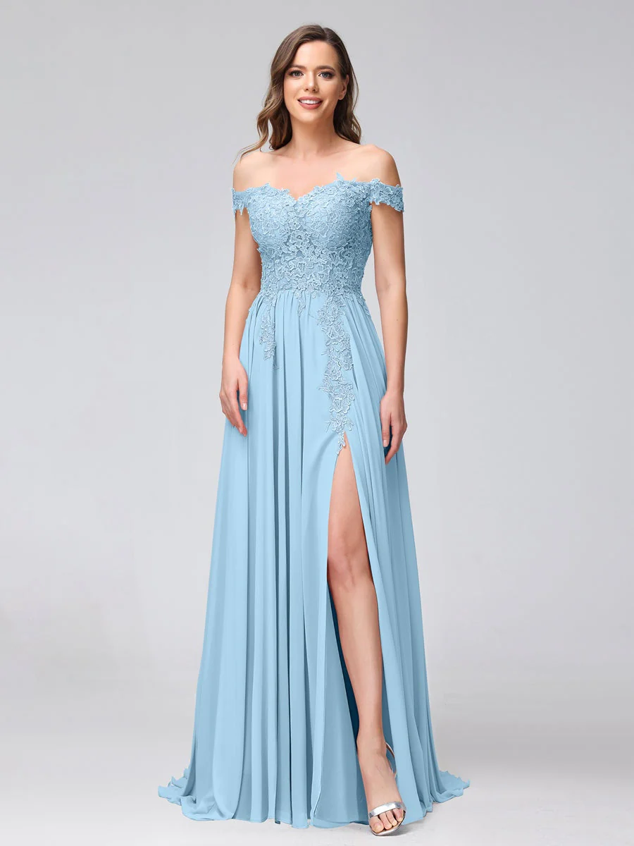 A-Line/Princess Off-the-Shoulder Sleeveless Long Bridesmaid Dresses with Side Slit & Appliqued - Image 49