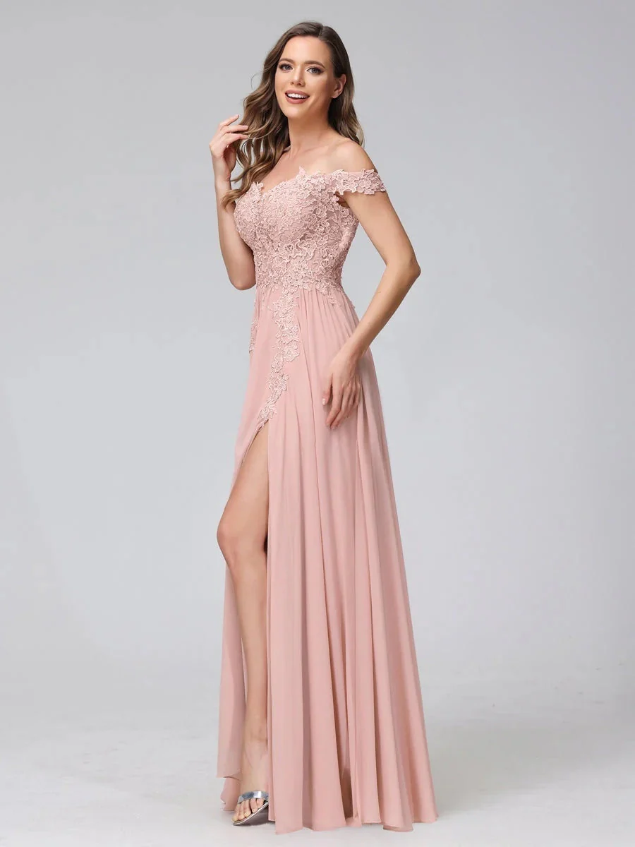 A-Line/Princess Off-the-Shoulder Sleeveless Long Bridesmaid Dresses with Side Slit & Appliqued - Image 5