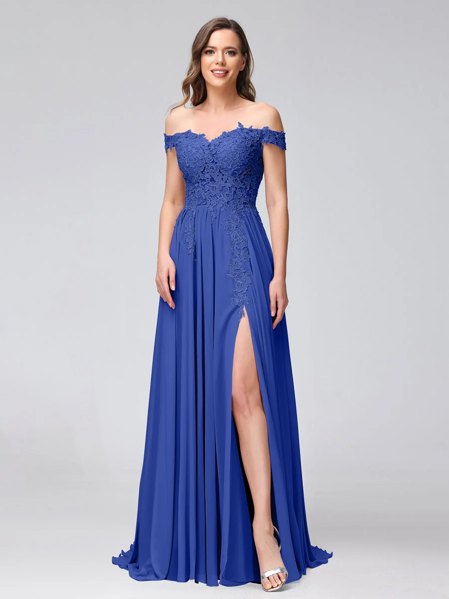A-Line/Princess Off-the-Shoulder Sleeveless Long Bridesmaid Dresses with Side Slit & Appliqued - Image 53