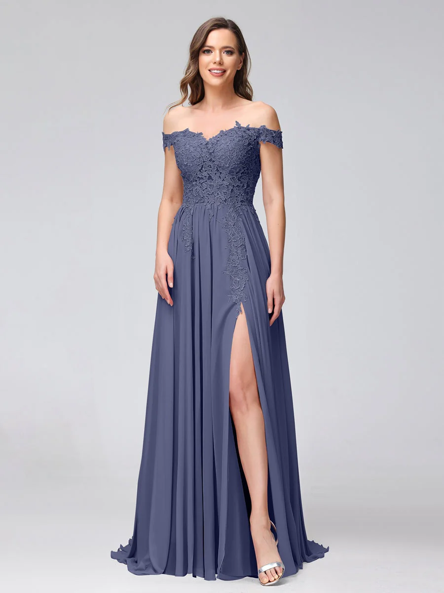 A-Line/Princess Off-the-Shoulder Sleeveless Long Bridesmaid Dresses with Side Slit & Appliqued - Image 56