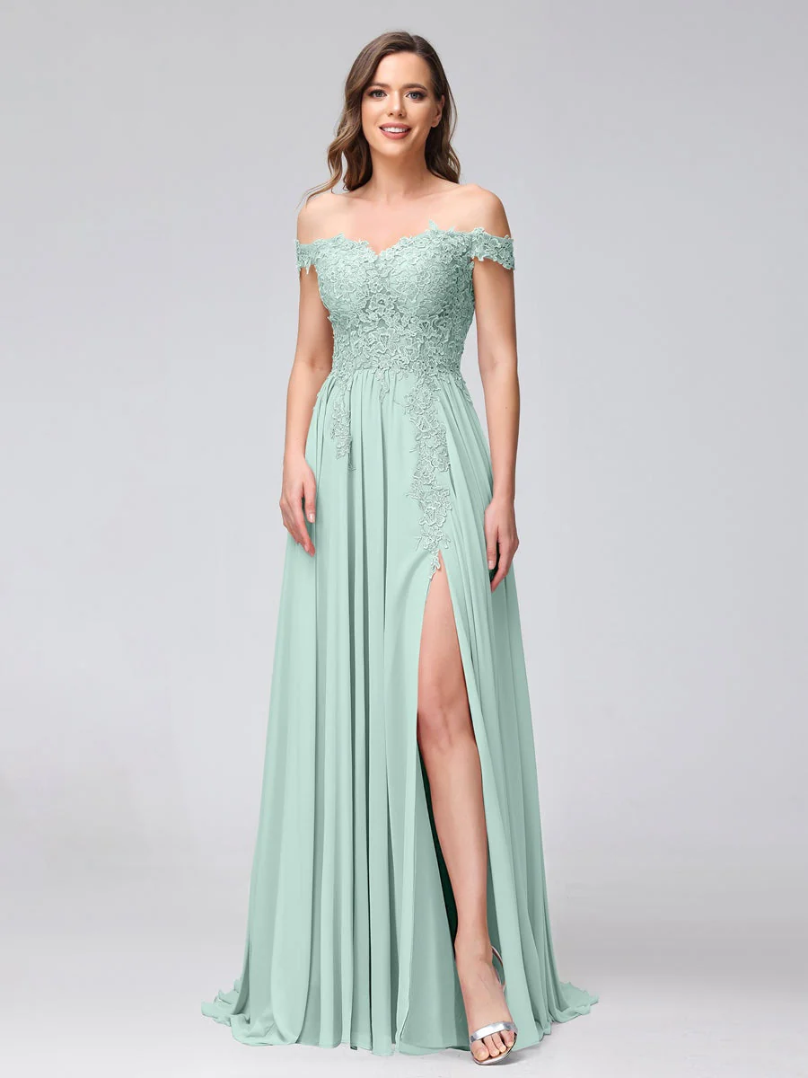 A-Line/Princess Off-the-Shoulder Sleeveless Long Bridesmaid Dresses with Side Slit & Appliqued - Image 59