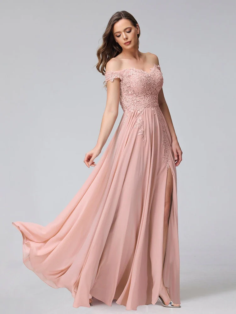 A-Line/Princess Off-the-Shoulder Sleeveless Long Bridesmaid Dresses with Side Slit & Appliqued - Image 6
