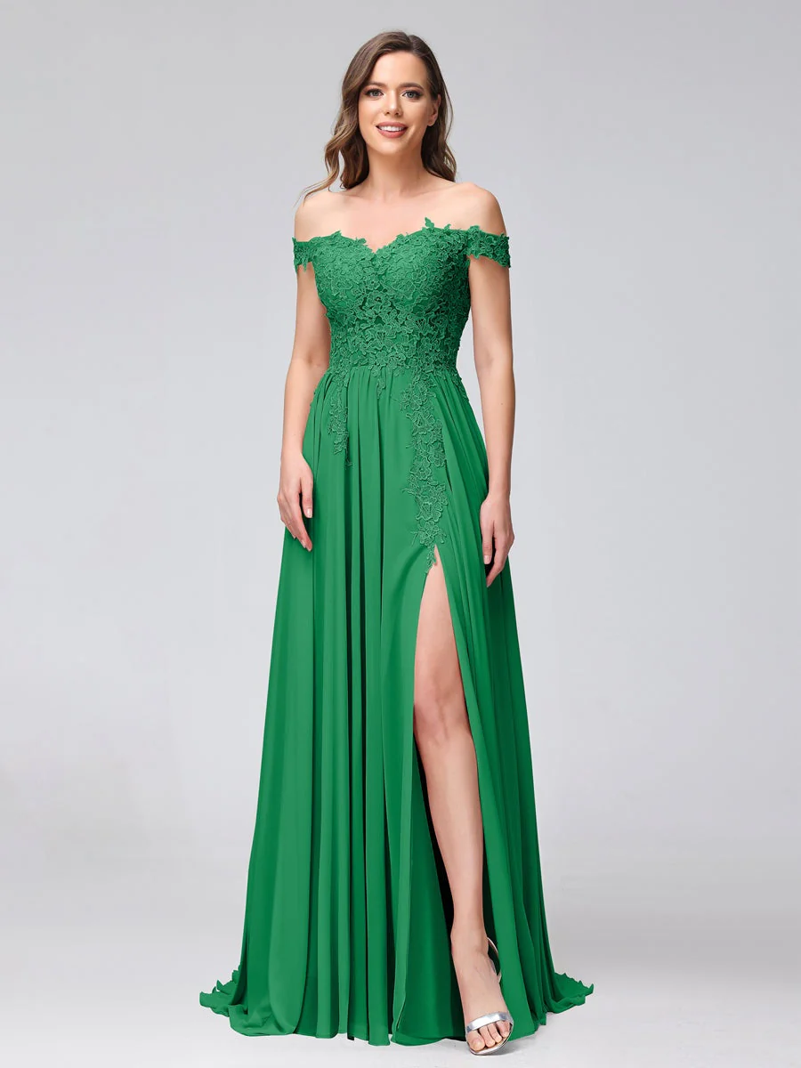 A-Line/Princess Off-the-Shoulder Sleeveless Long Bridesmaid Dresses with Side Slit & Appliqued - Image 63