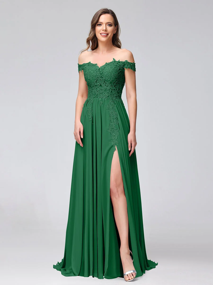 A-Line/Princess Off-the-Shoulder Sleeveless Long Bridesmaid Dresses with Side Slit & Appliqued - Image 66