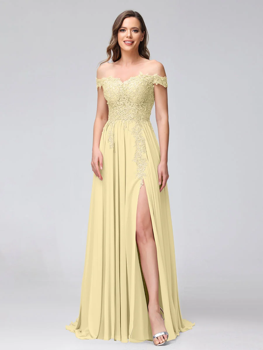 A-Line/Princess Off-the-Shoulder Sleeveless Long Bridesmaid Dresses with Side Slit & Appliqued - Image 67